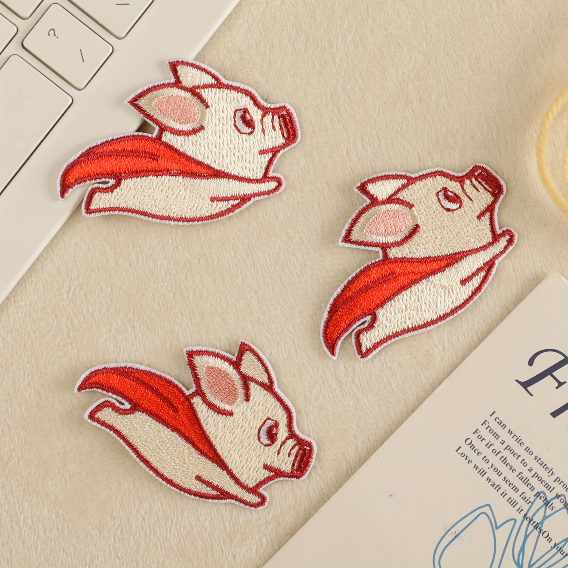 [popular ] 3pcs Adorable Flying Pig Cartoon Embroidered Patches, Mixed Colors, Polyester - Iron-on/sew-on Appliques For Clothing, Bags, Shoes, Hats & Home Decor