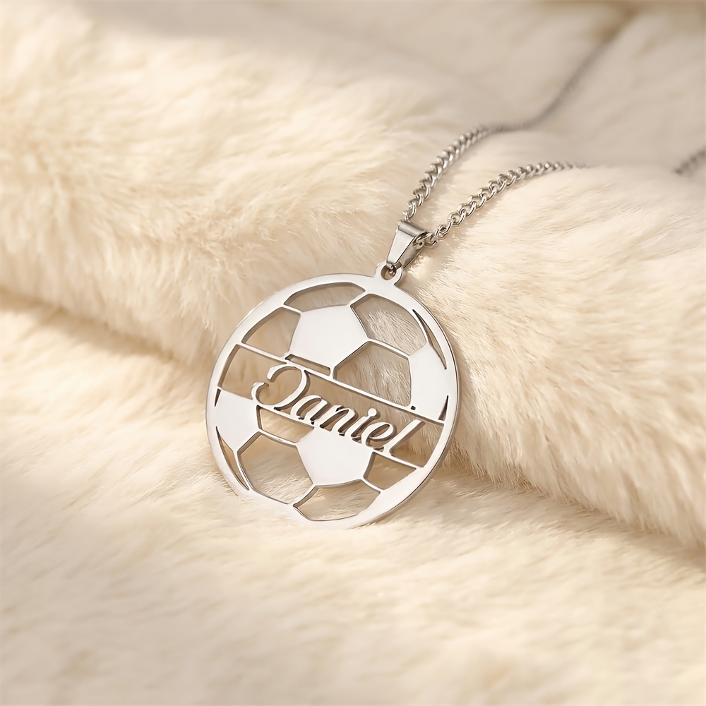 TEMU Personalized Name Necklace With Soccer Pendant In 304 304stainless Steel, Customized Nameplate For Lovers, Parents, And , Exquisite With Shine