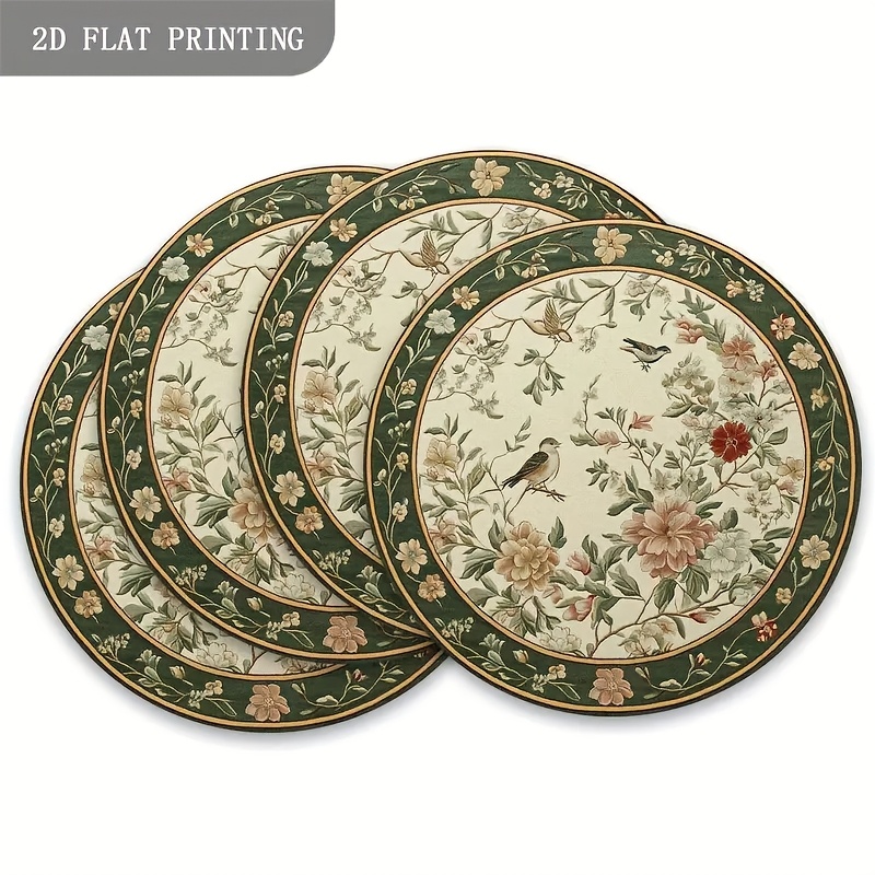 TEMU 4pcs Set Rose Pattern Round Wooden Placemats Flat Printed Pattern) -- Suitable For Dining Table, Kitchen, Party Decoration, Daily And Holiday