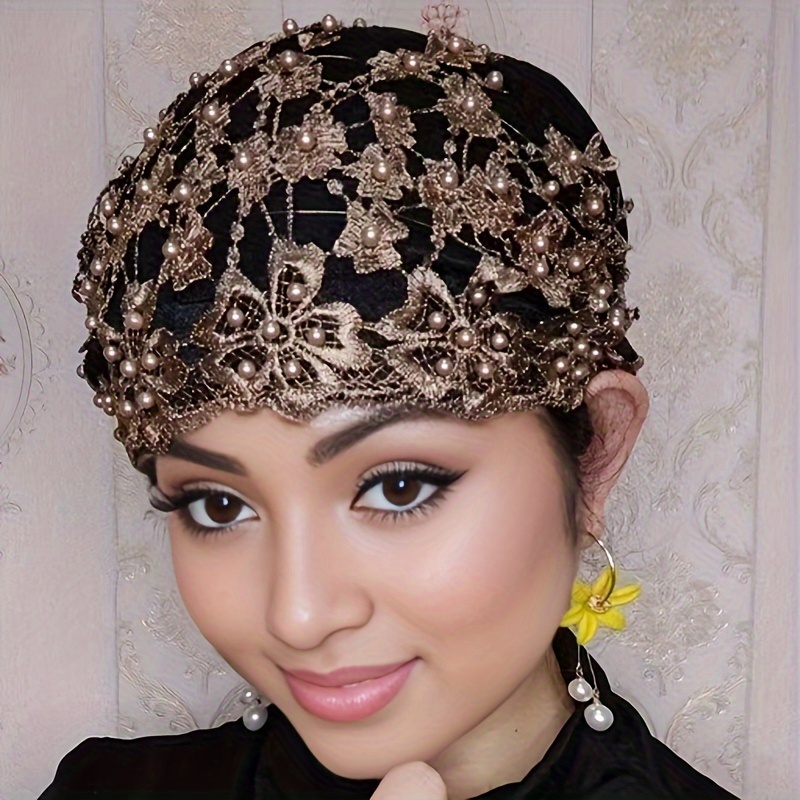 

Elegant Golden Lace Turban Hat For Women: Durable, Lightweight & Stretchable - Chic Floral Head Wrap Perfect For Ramadan, Chemo, And Everyday Style For Eid Al-adha