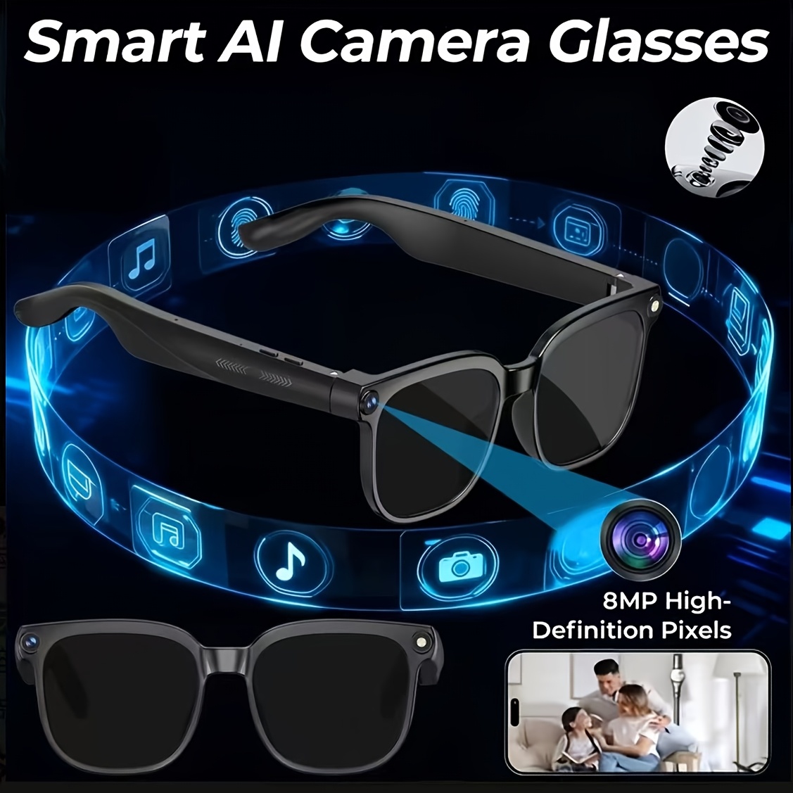 TEMU Smart Camera Glasses, -pixel Hd Video Recording Glasses, Real-time Translation, , Wireless Music Calls, Photo And Video Shooting, Music Control,