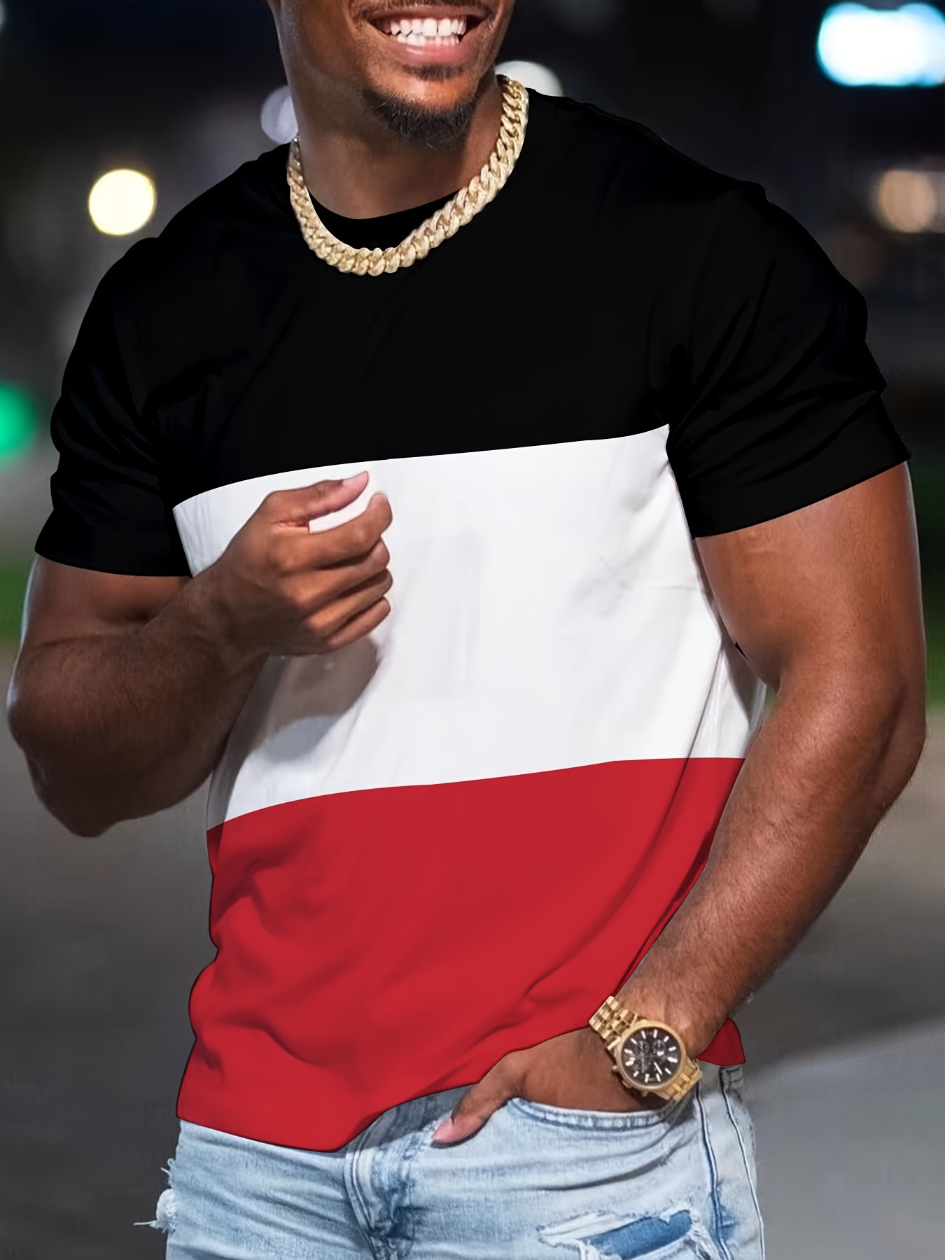 MBDMBD Men's Slim Fit Color Block T-Shirt - Casual, Stretchy Polyester Blend, Crew Neck, Machine Washable - Summer Essential in Black, Pink, and White
