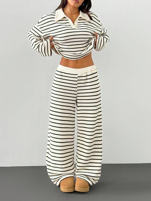 yy0909001 womens 2pcs striped v neck drop shoulder long sleeve t shirt and elastic waist striped pants