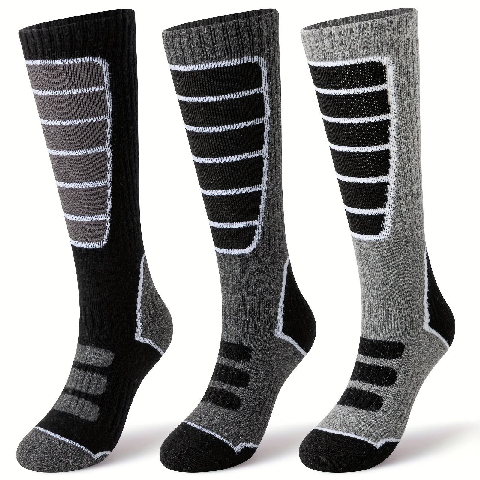TEMU 3 Pairs Wool Wool Ski Socks For - Thermal Winter Warm Thick Knee-high Suitable For Skiing, Snowboarding, Machine Washable Wool Socks With