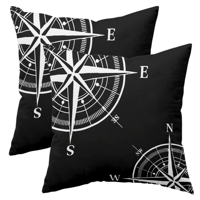 TEMU 2pcs Vintage Compass Design Pillowcase - Black Geometric Pattern, 100% Polyester Fiber, Zipper Closure, Machine Washable, Suitable For Living