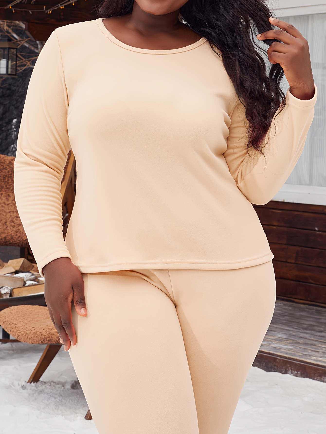 Plus Size Simple Thermal Underwear Set, Women'* Long Sleeve Crew Neck  T-shirt Pants Warm Underwear Piece Set For Fall Winter
