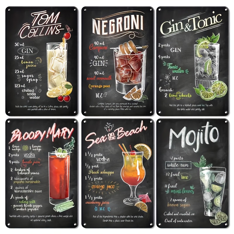 6pcs vintage cocktail tin signs   decor retro beer and drink menu boards suitable for     for man caves 8x12 inch metal wall art 0