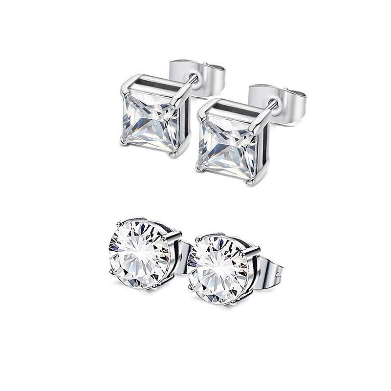 TEMU 2 Paires de Boucles d'Oreilles à Clous Hypoallergéniques en Acier Inoxydable, Étincelante à Coupe Ronde & Carrée, Bijoux de Piercing d'Oreilles
