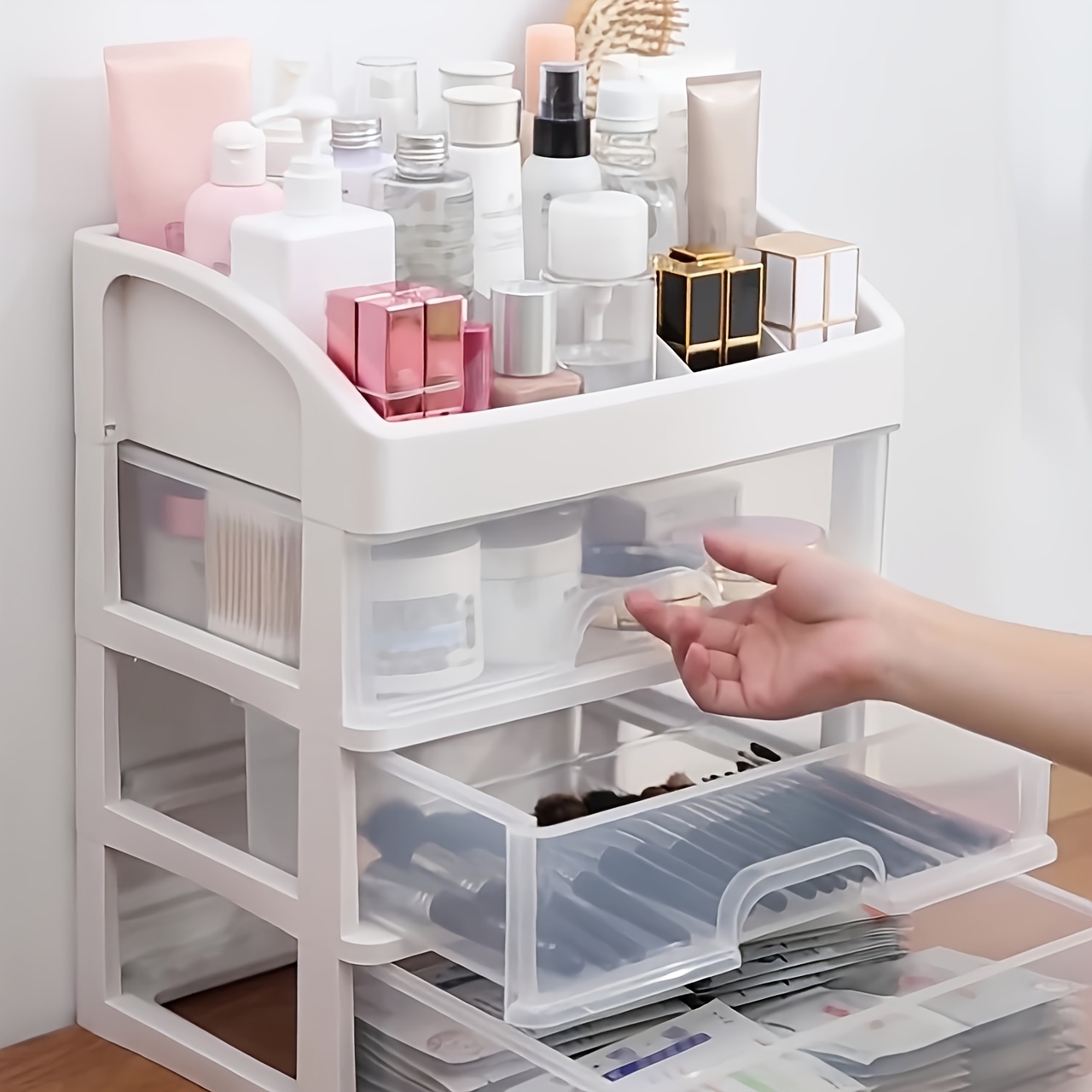 

3- Plastic Organizer Drawers, Large Cosmetic And Storage, Countertop Mounting, , No Needed, For Organization And Decor, For Girlfriend