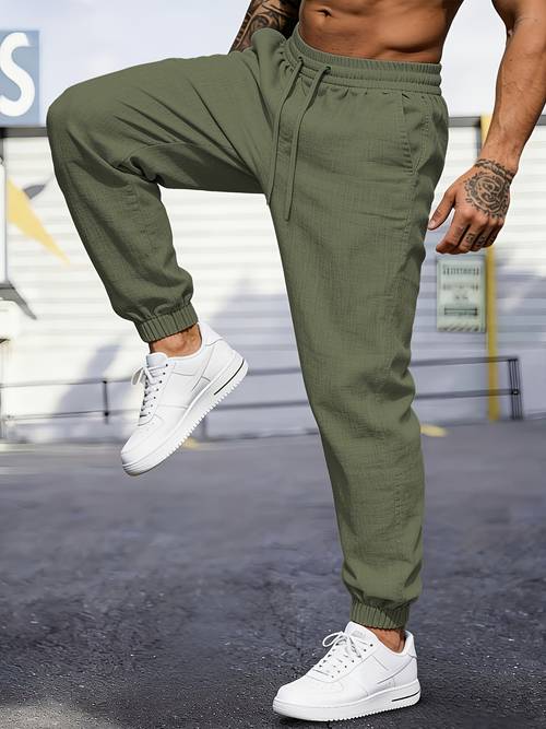 mens linen woven jogger pants breathable and lightweight casual joggers solid color breathable fabric with drawstring design suitable for summer daily wear and outdoor sports