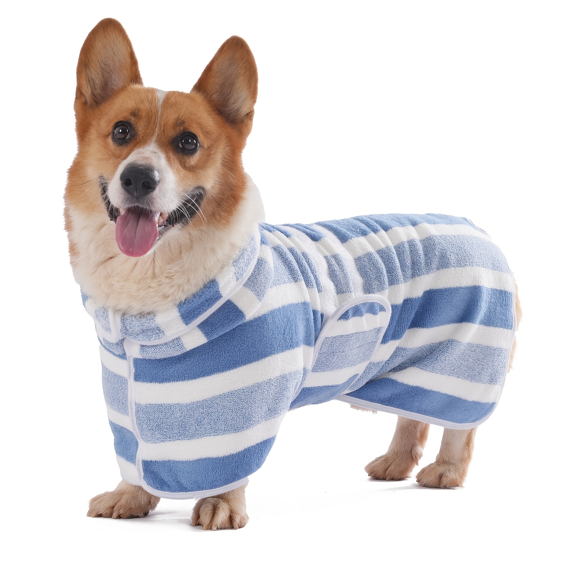 TEMU 1pc Dog Striped Bathrobe, Quick- Absorbent Pet Bathing Drying Clothes, Adjustable Belly Band With Fabric, Suitable For Small, Medium, And Large
