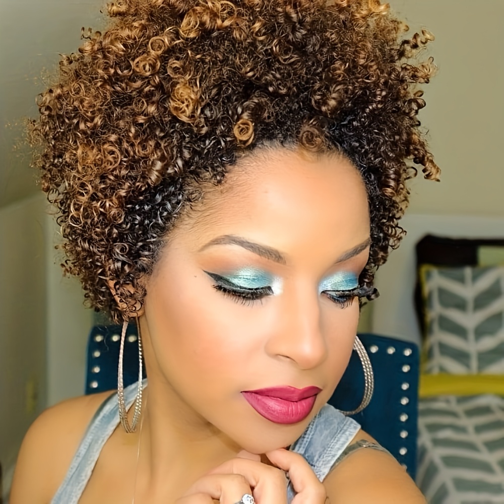 TEMU Synthetic Short Afro Curly Wigs For Women, Featuring A Blend Of Dark And Light Brown Colors, Perfect For Summer. Easy-to-wear Wigs Are Beginner-friendly