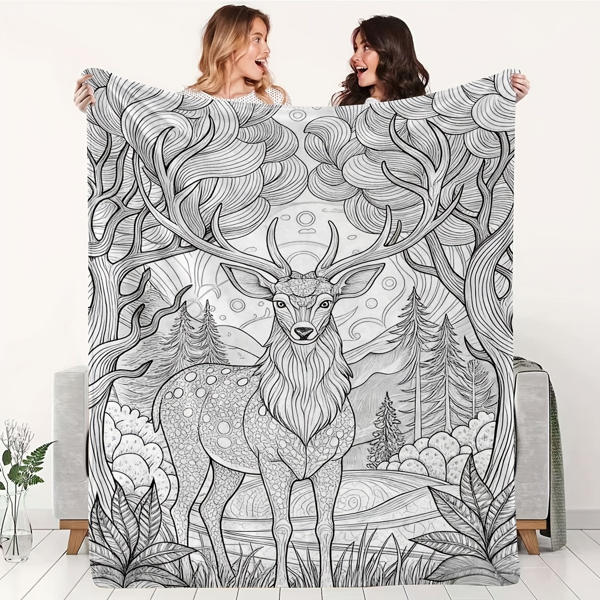 TEMU Adult Coloring Edition Forest Elk Flannel Blanket With Black And White Line Art, English-style Pattern, Diy Colorable Warm Throw Blanket For ,