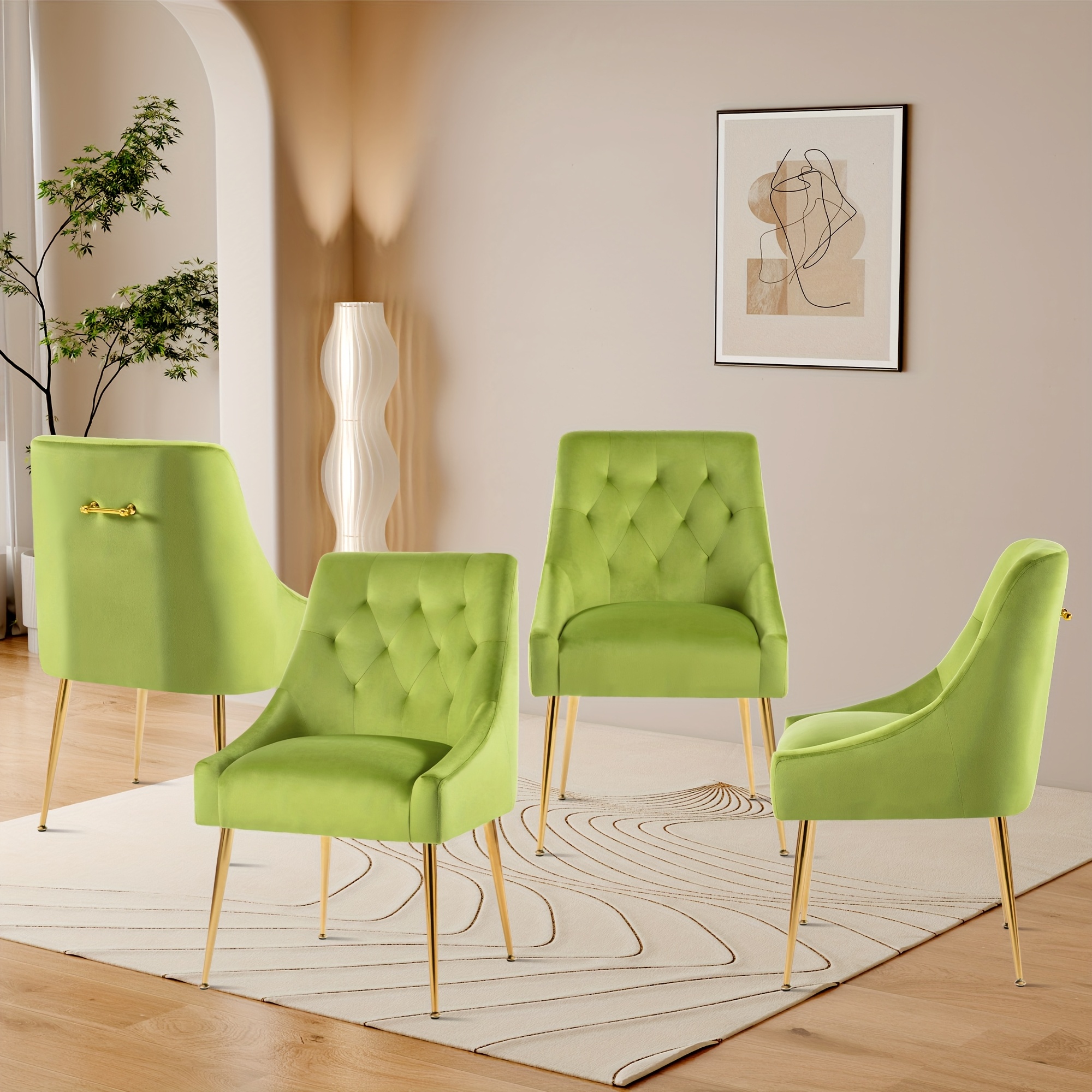 Image of Dining Chairs Velvet Set Of 4, Gold Leg Chair Mid Century Dining Room Chair With Back Pull Rod, Modern Accent Chairs For Living Room, Dining Room, Kitchen