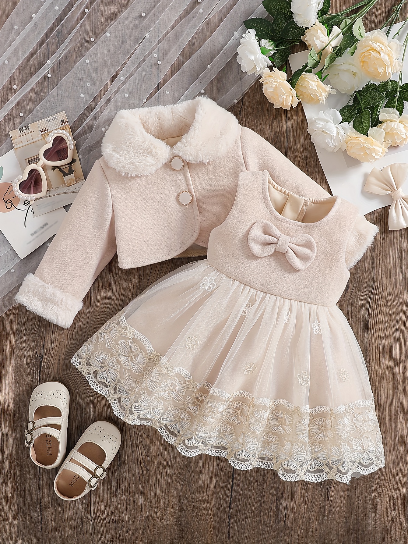 Girls' Autumn/Winter 2pcs Set: Mesh Christening Dress with Furry Outer  Coat. Back-to-* Outfit. Girls' Winter Outdoor * Bow Dress with Warm Furry  Lapel Coat. Suitable for Special Occasions, Parties, ...