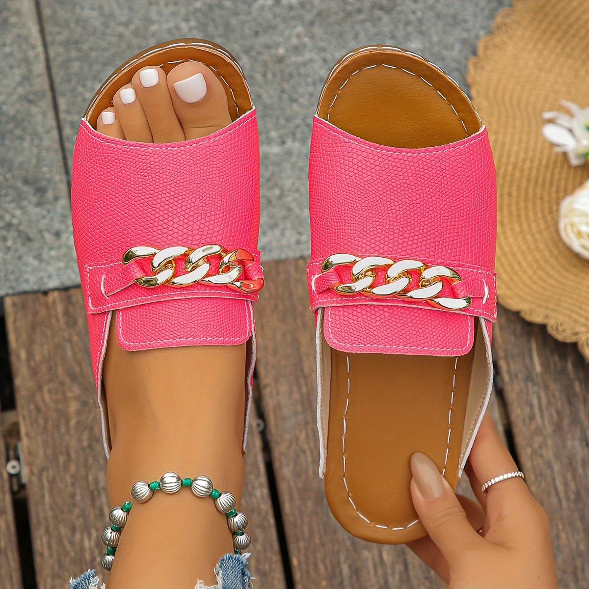 silvery crocodile pattern thick soled slope heel slippers - Temu
