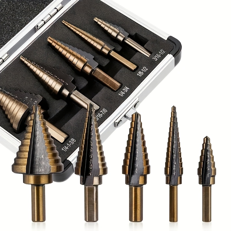 5pcs Carbon Steel Black Fillister Head Step Drill Bit Set, HSS Cobalt Titanium Conical Cone, Multiple Hole 50 Sizes, Aluminum Case, with Electric Drill, for Construction, Carpentry, Wood, Metal