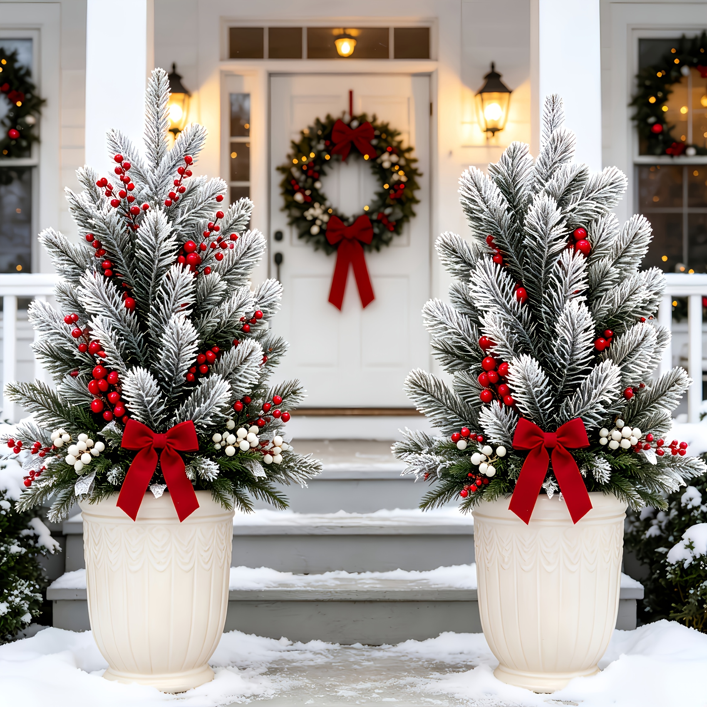 item picture 2 sets of extra large outdoor artificial christmas fir plants with ground stakes and red berries dense green needles covered in white snow realistic and full uv resistant   plants suitable for front doors   fireplaces christmas trees