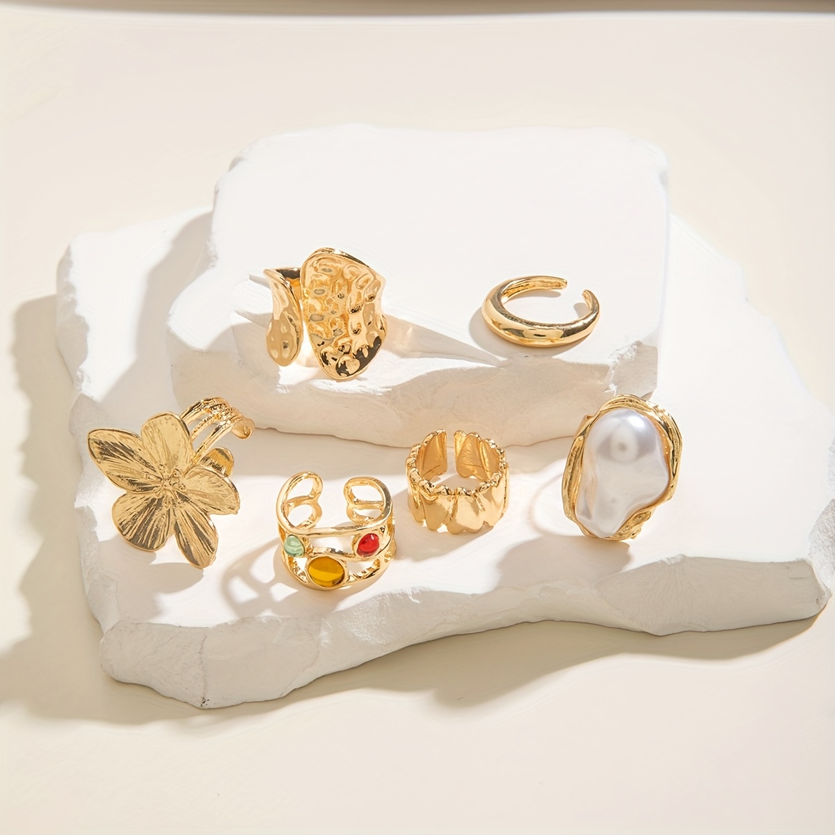 6pcs set of fashionable and flower-set Rhinestone rings, metal geometric irregular opening ring sets suitable for parties and gifts for friends