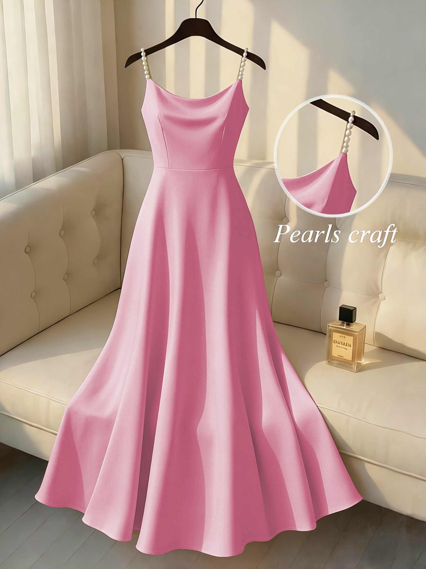 strapless open back dress Pearl Pink A-Line Spaghetti Straps Elastic Satin Slit Prom Dresses with  Appliques, MP317 main image 1