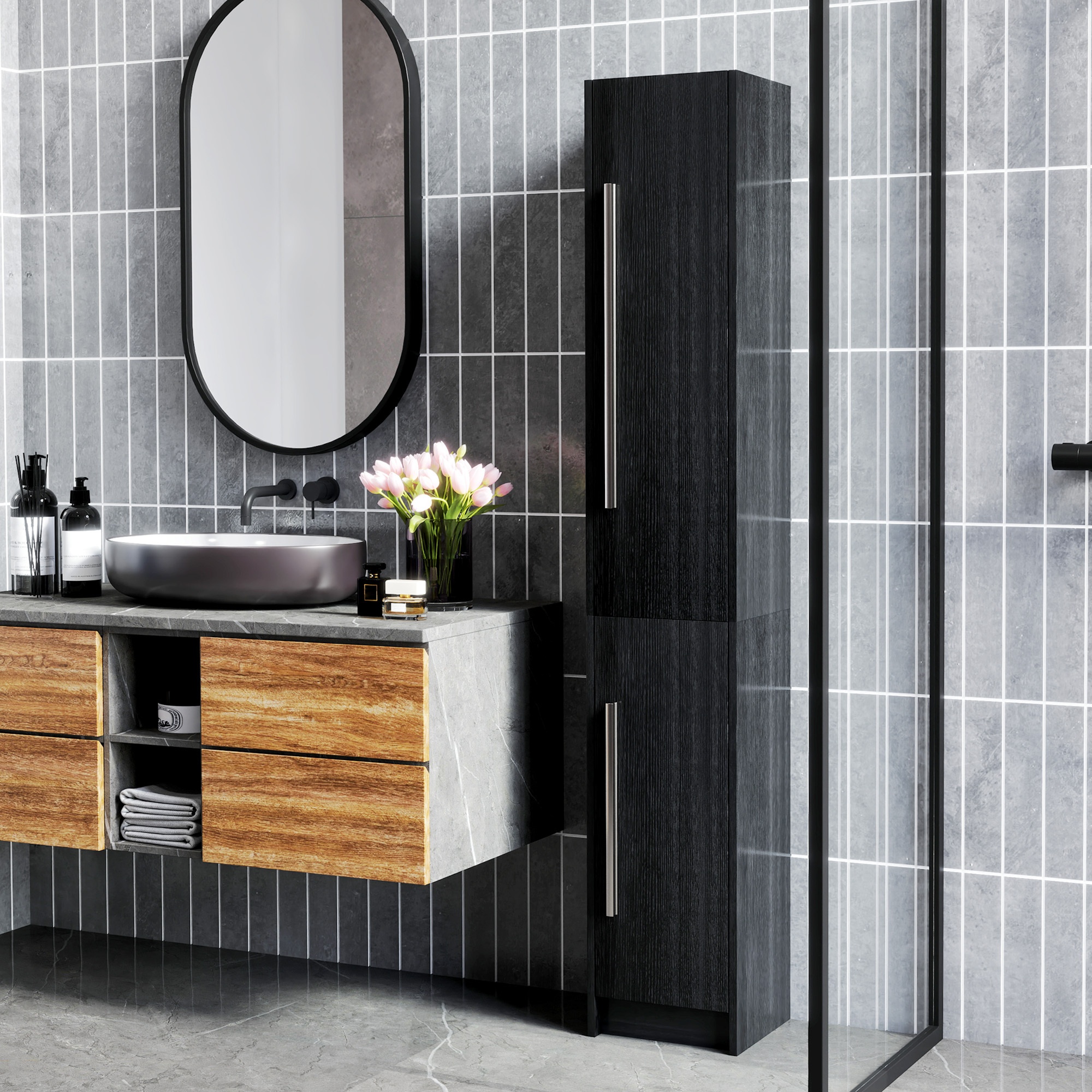 TEMU de Rangement pour Salle de Bain en Bois Dur Noir HOMCOM avec 3 Étagères Réglables – Design Moderne en Bois Plané pour une Décoration de Salle de