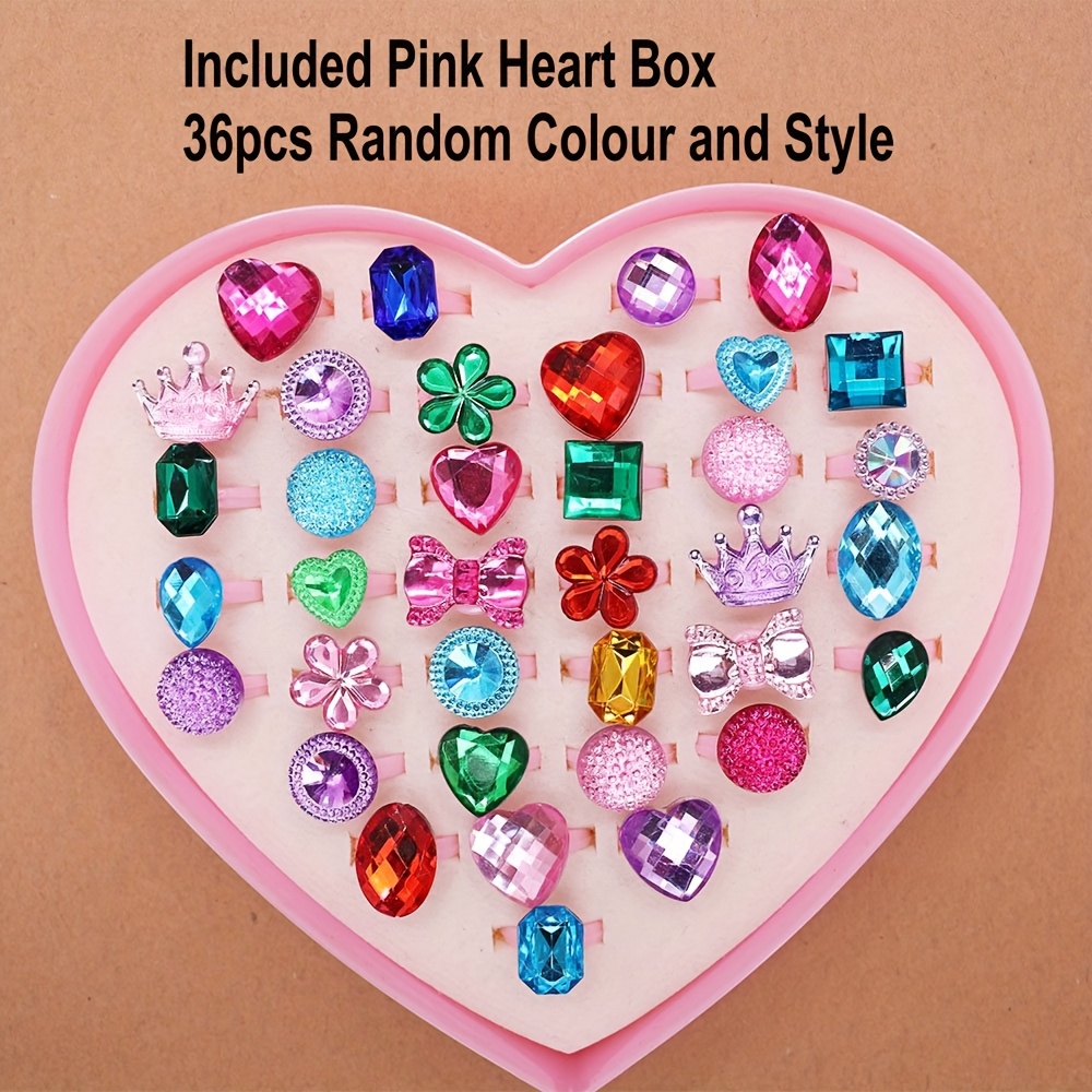 Image of 36pcs Colorful Assorted Shaped Girls Ring Set, Princess , Colorful Rings For Daughter, Granddaughter, Birthday Easter And Christmas Gift, Princess Favors (random Send, Pink )