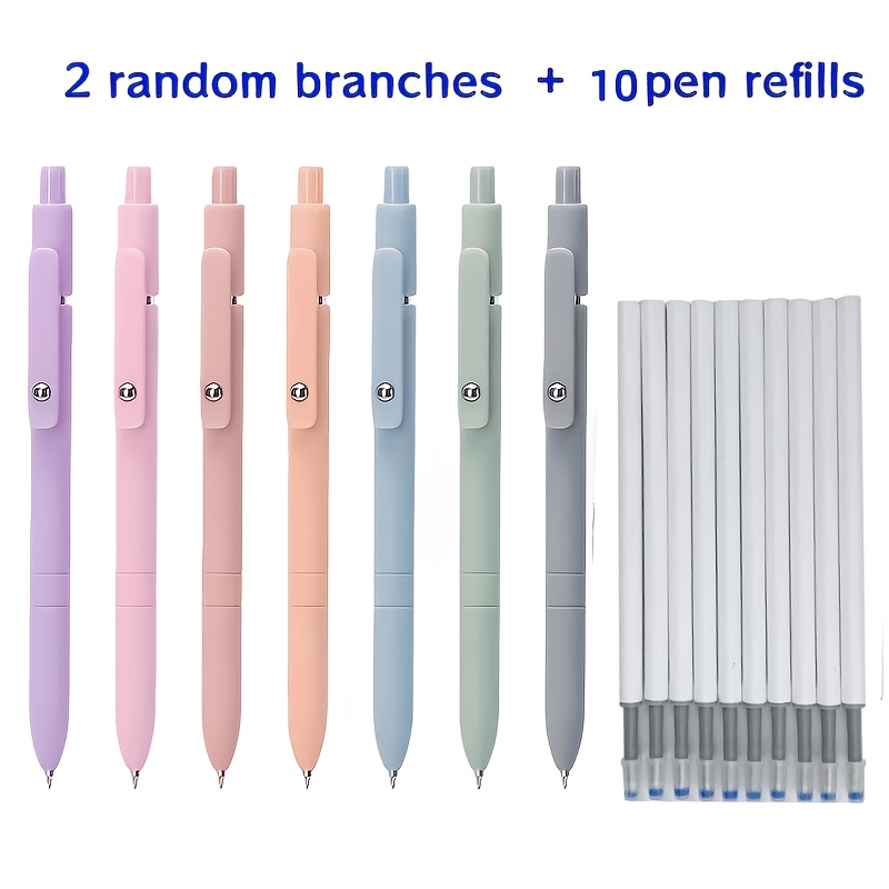 TEMU 12- Morandi Color Gel Pen Set (random 2pcs Pens And 10pcs Refills) 0.5mm Black Ink, Smooth Writing, Retractable Quick-dry, Suitable For Journal,
