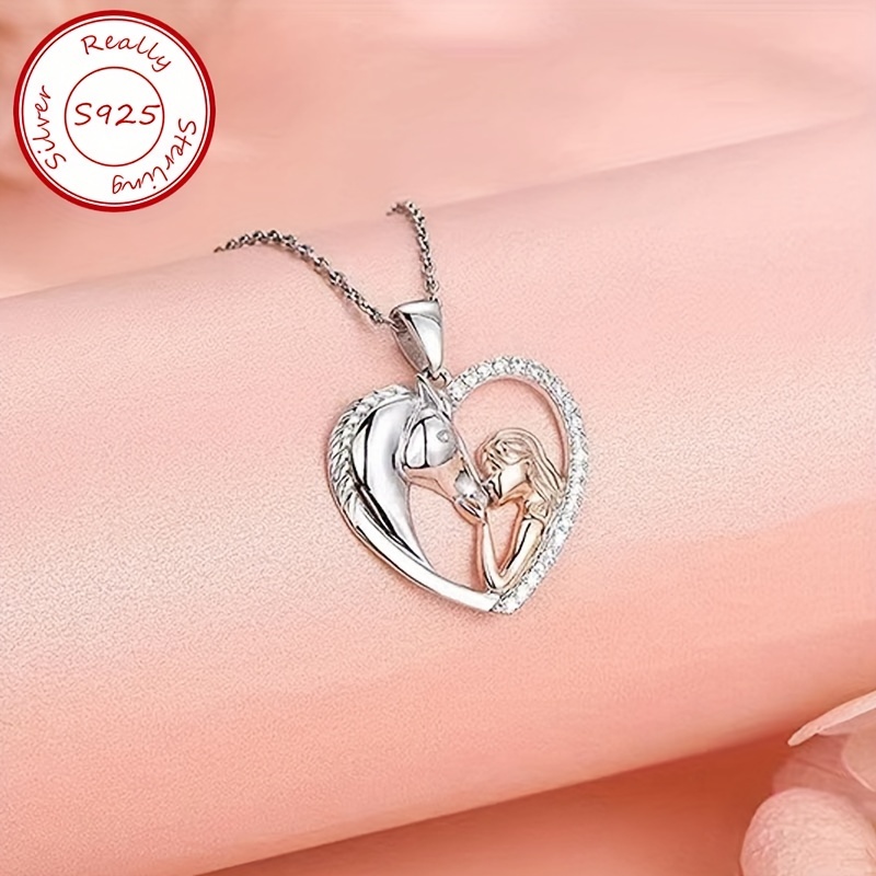 

S925 Silver Day New Year Gift Necklace Fashion Elegant Temperament Design European And American Pendant Girl And Horse Two-color Pendant About 3.5 Grams