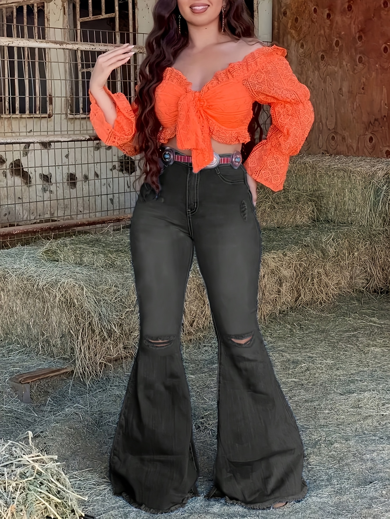 1pc bohemian high-waisted ripped flare jeans for women, fit, brown