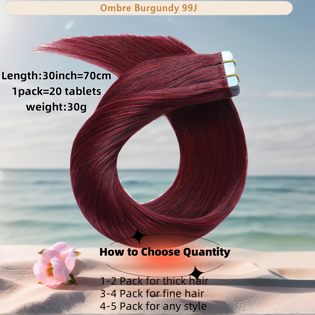 Image of 99j# Tape In Hair Extensions Human Hair Hair Extensions Burgundy Red Straight Invisible Human Hair Tape In Extensions Skin Weft Tape Extensions Human Hair (99j#, (20pcs/pack 30g, 40pcs/2pcs 60g)