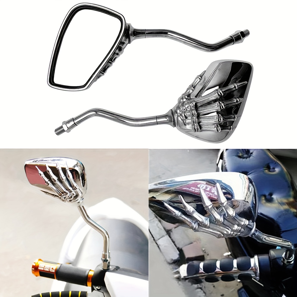 motorcycle rearview mirrors skull   black glossy   edgy claw like grip flat rectangular shape   for all bikes bike rearview mirrors skull hand grip intricate design Product details 3