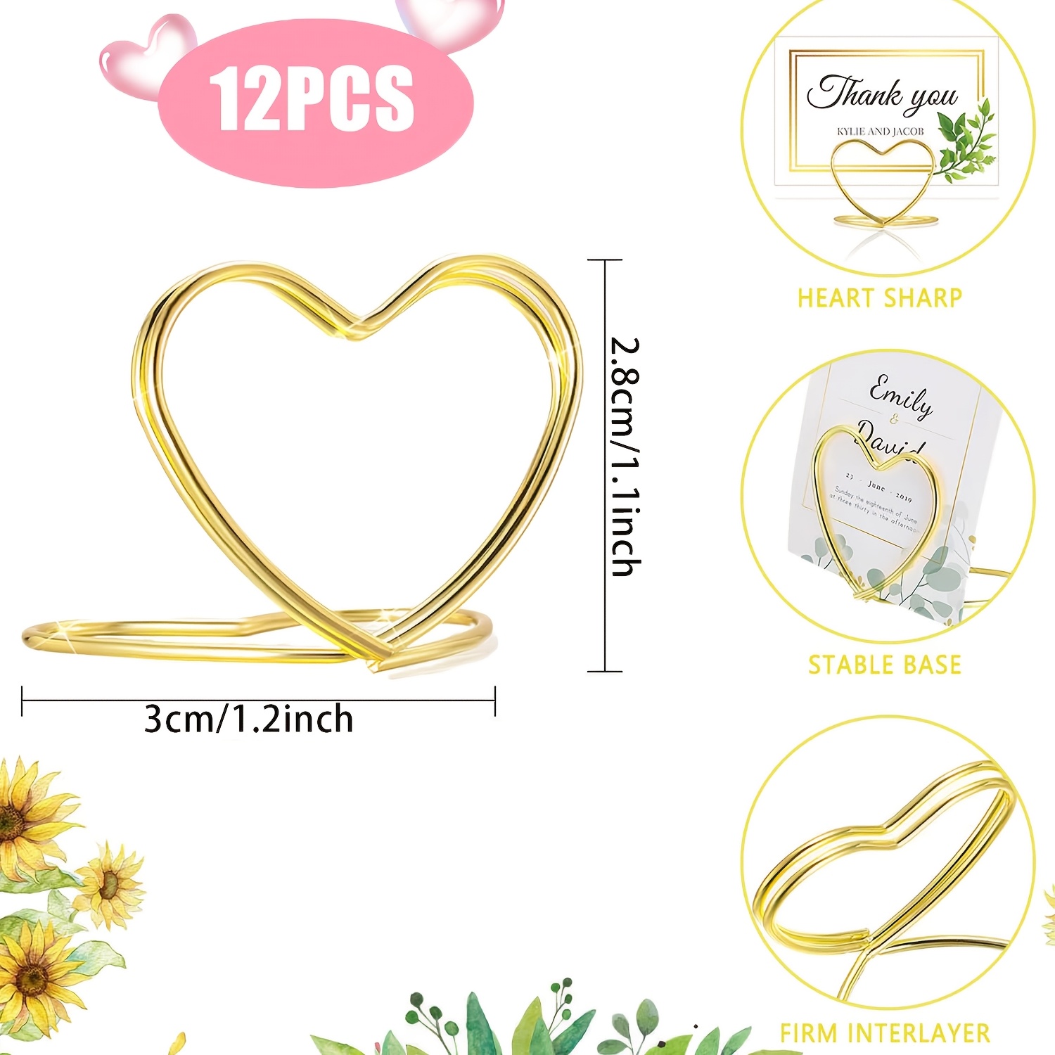 E-shop 12 Stücke Goldene Tischnummer Platzkartenhalter, Herzform Foto-Kartenständer Business-Kartenhalter für Hochzeitsfeier