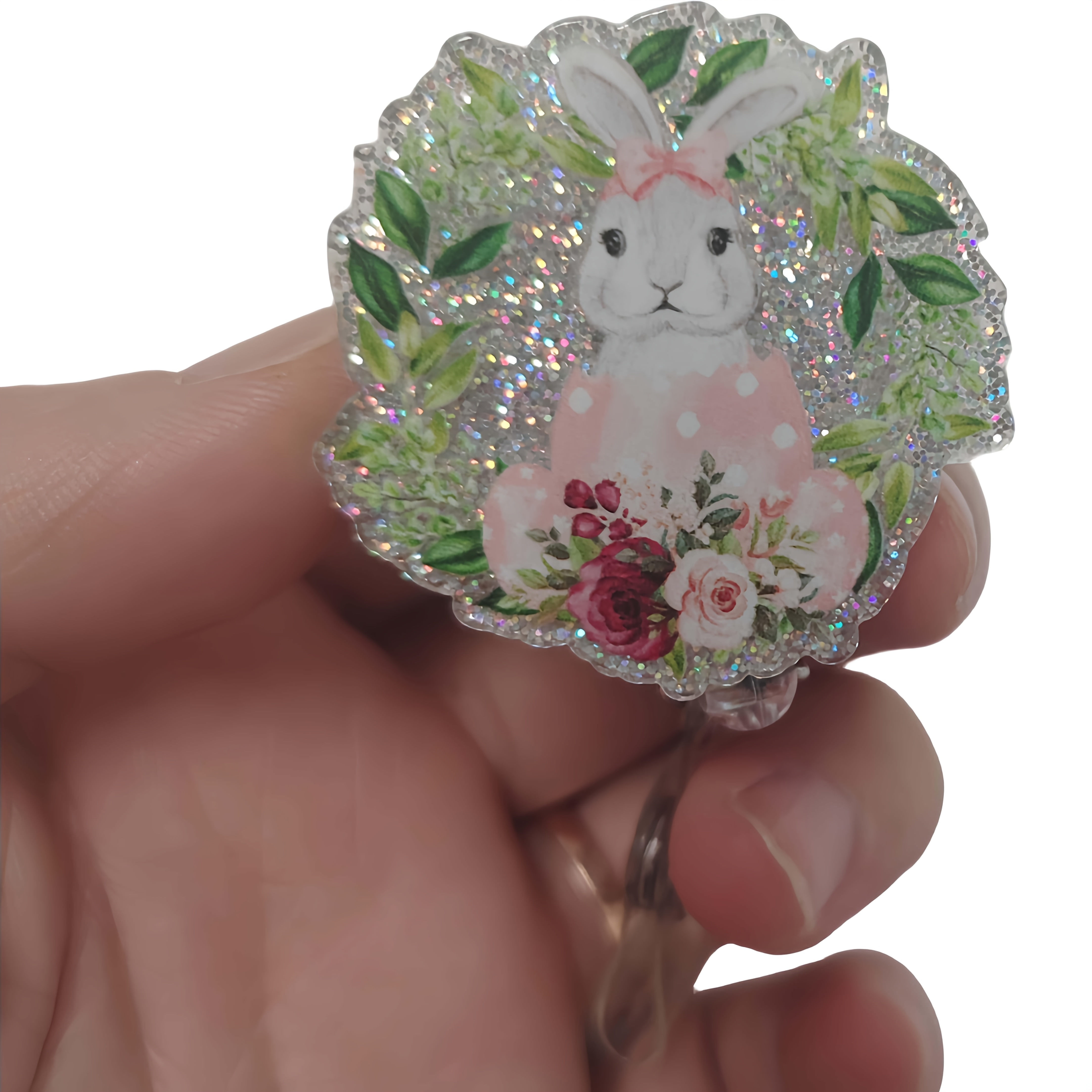 

1pc Easter Bunny Acrylic Retractable Badge Reel, Glittering , Keychain Clip For Backpacks And Id Holder Decoration