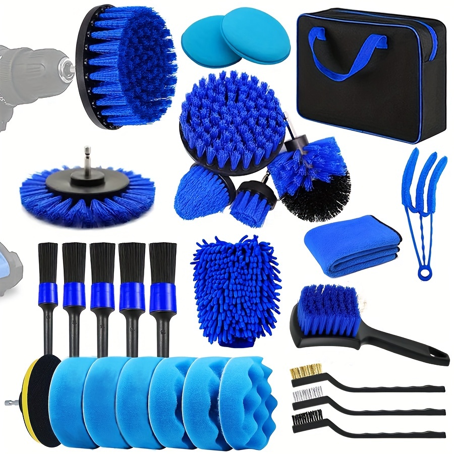 

28pcs Car Wash Detail Kit, Drill Brush Accessory Kit, Dust Removal Brush, Gap Brush, Polishing And Waxing Sponge Pad, Car Wash Supplies, Cleaning Tools