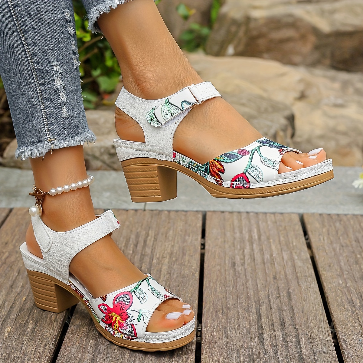 women's fashion floral print high heel sandals - Temu