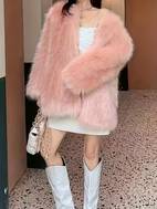 womens elegant fur lined winter size length silhouette with drop shoulder sleeves round neck solid for autumn ladies winter coats cold soft texture outerwear