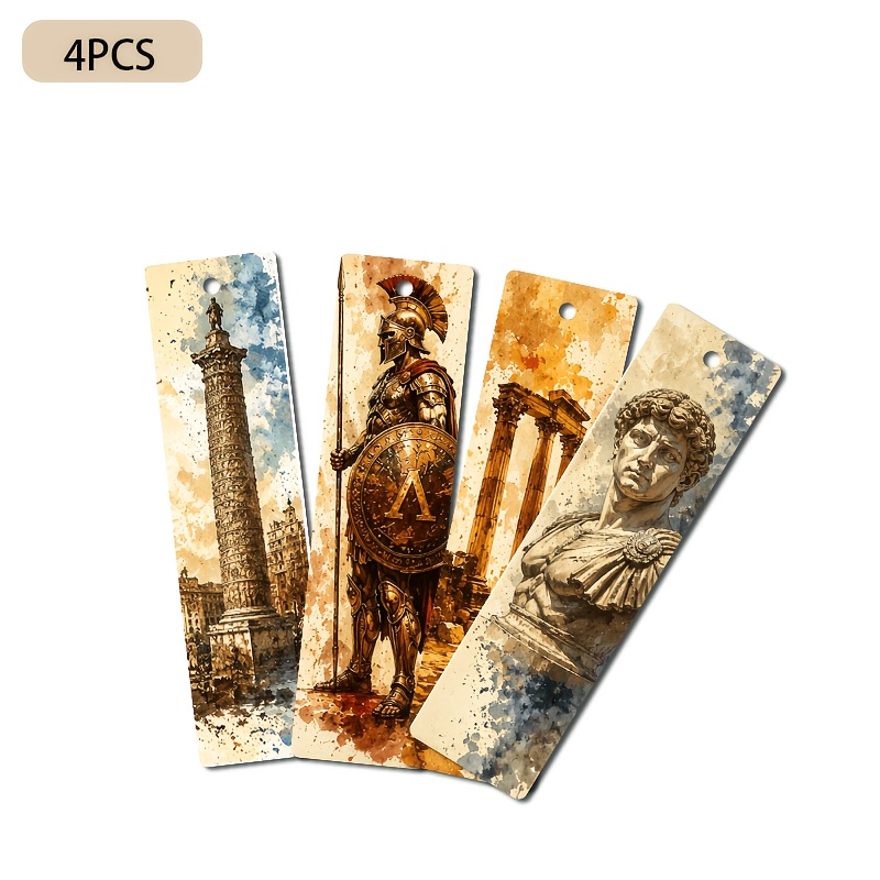 TEMU 4 segnalibri con nappa in similpelle con stampa 2D, dimensioni 1.6In X 5.9In, statua di antico, , illustrazione retr簷 ad , separatori di ,