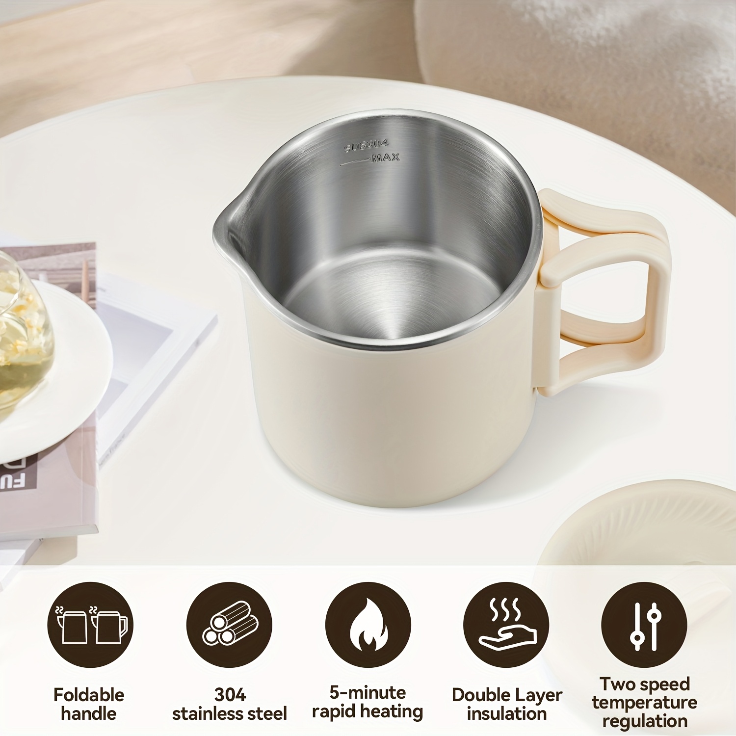 portable kettle, electric water cup, small water cup, travel  ,   temperature insulation cup for outdoor use, foldable handle, 5-minute quick heating, double-layer insulation, non scalding,   temperature adjustment details 3
