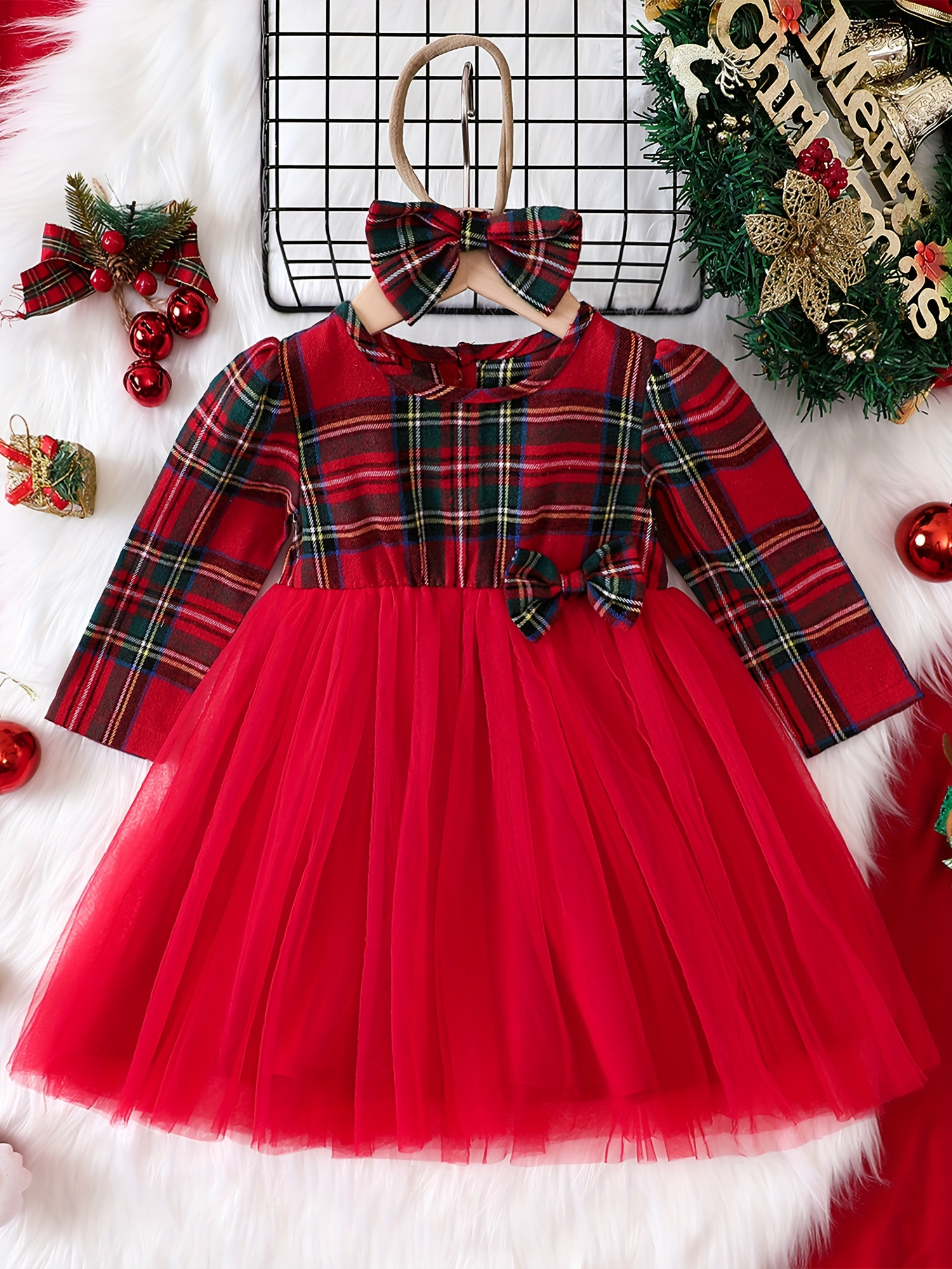 christmas cotton dress for -3t, long sleeve plaid with deer applique,  a-line with matching headband - kids' fashion - Temu