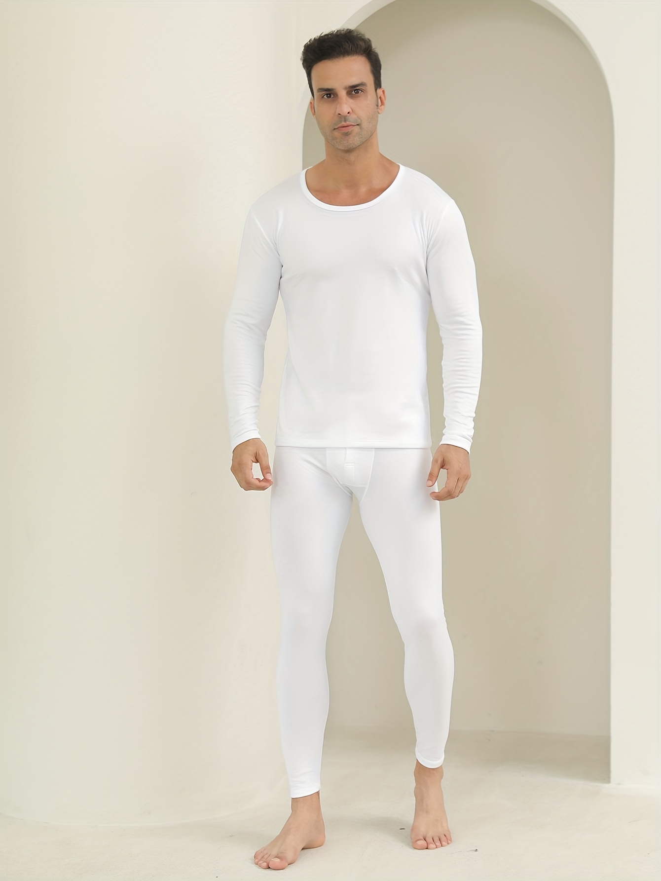 mens trendy solid thermal underwear set for fall winter   fit round neck long sleeve top and bottom ideal for daily and casual wear high   white 0