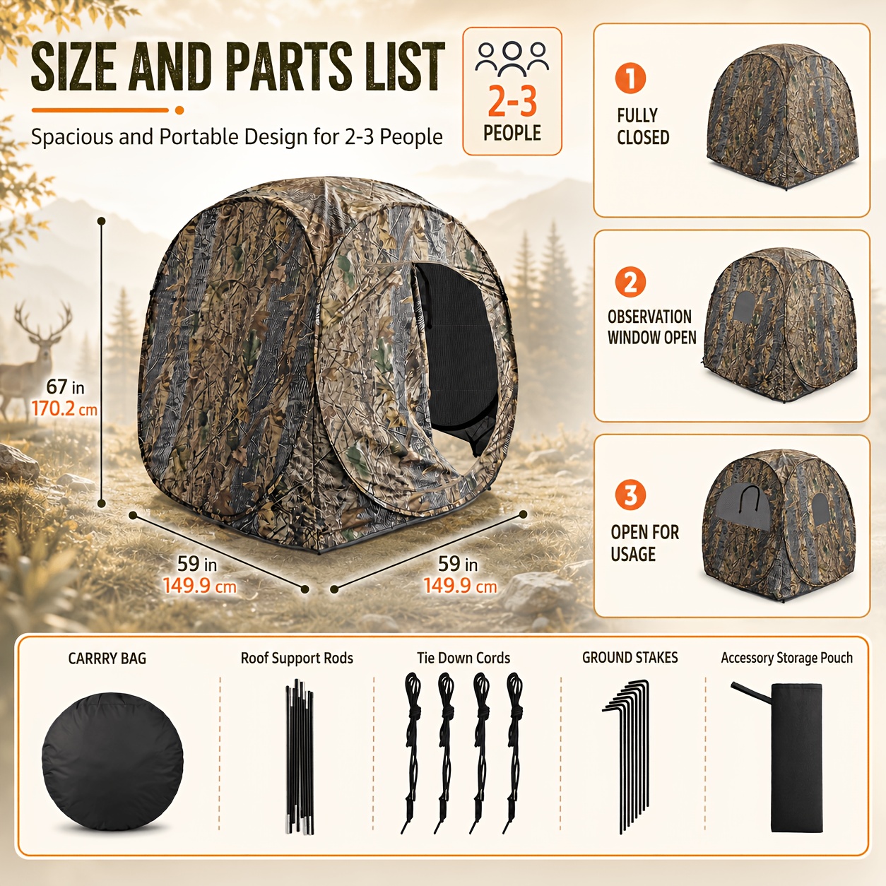 TEMU 360° See Through Hunting Blind, New 2026, 2-3 Person 58 Inch Pop-up Camo Ground Blind With Mesh Windows, , Carry Bag, Stakes & Ropes, Portable