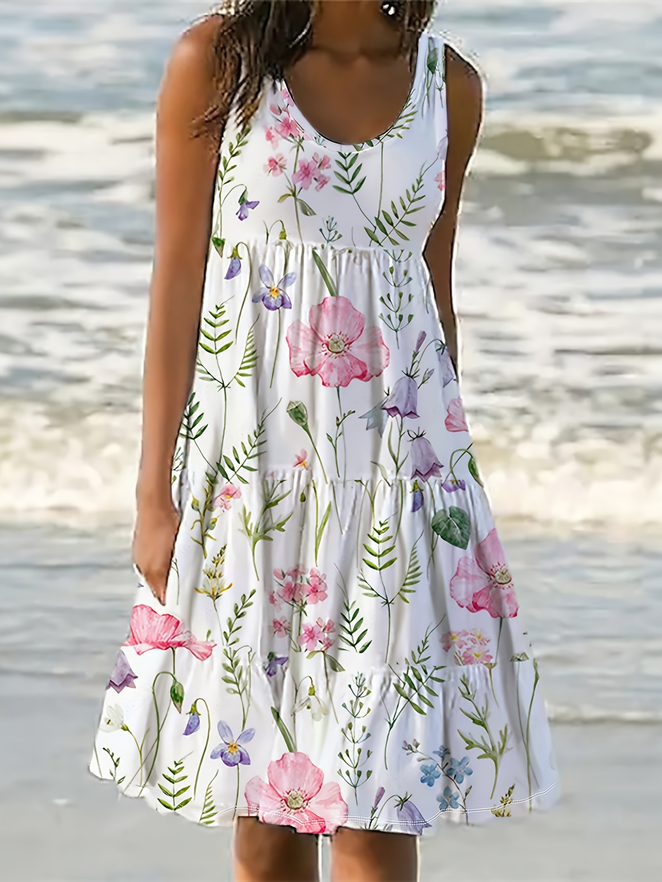 item picture womens fashion casual spring summer round neck floral print tank dress cat ear  