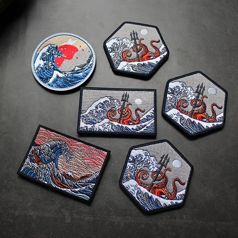 

Outdoor Accessories Featuring A Japanese-style Embroidered Patch Of , Surfing, Waves, , And Octopuses.