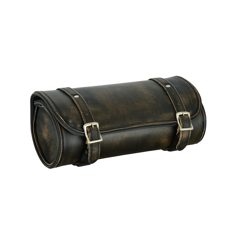 12 Inch Brown Cowhide Leather Water Resistant Universal Fitting Motorcycle Tool Bag, Leather Straps With Chrome Roller Buckles, Quick Release Clips