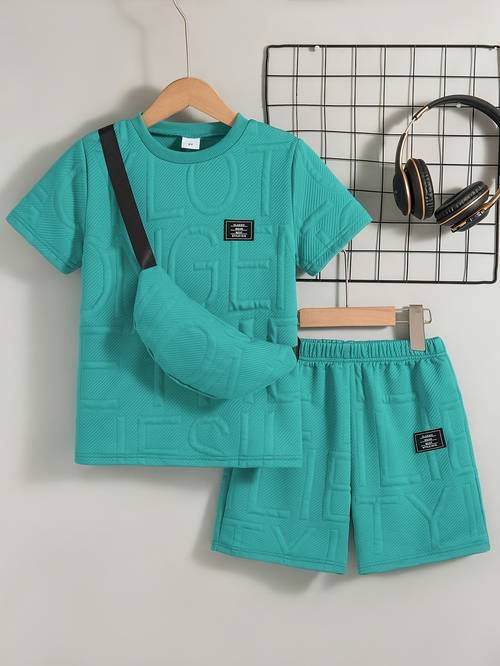 boys casual outing outfit featuring a solid with a regular fit round neck short sleeve t shirt and shorts set including a hanging bag for summer for outdoor