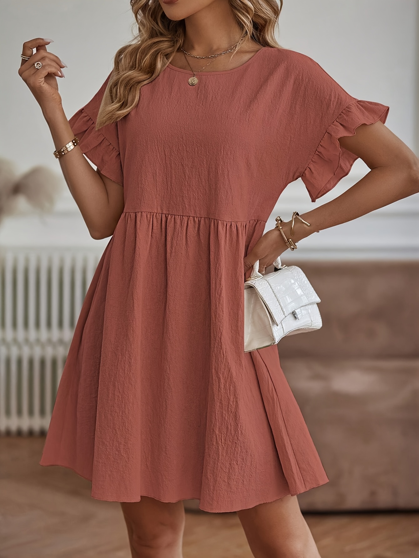 women's elegant peach ruffle sleeve midi dress crew neck a Temu