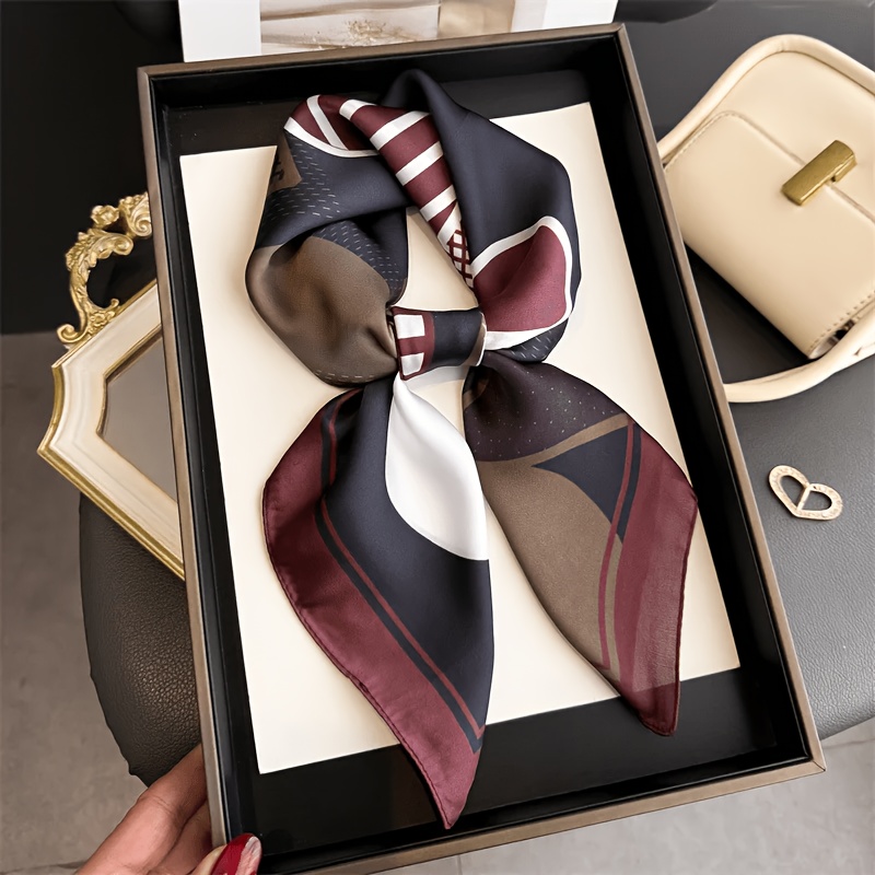 TEMU Écharpe carrée à motif de puzzle géométrique rétro, rouge foncé et noir, et polyvalente, accessoires de mode pour femmes, bandeau, foulard pour
