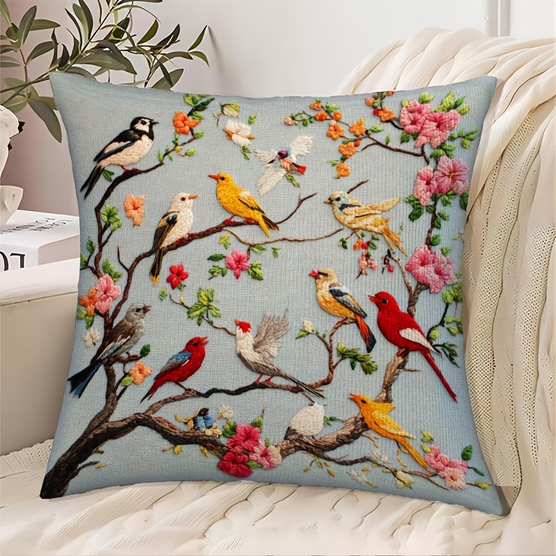 

1pc Vibrant Bird & Embroidery Decorative Pillow Cover, 18"x18", Short Plush Fabric, Zip Closure - Ideal For Sofa, Living Room, Bedroom, Office Home Decor (no Insert), Pillows Decorative