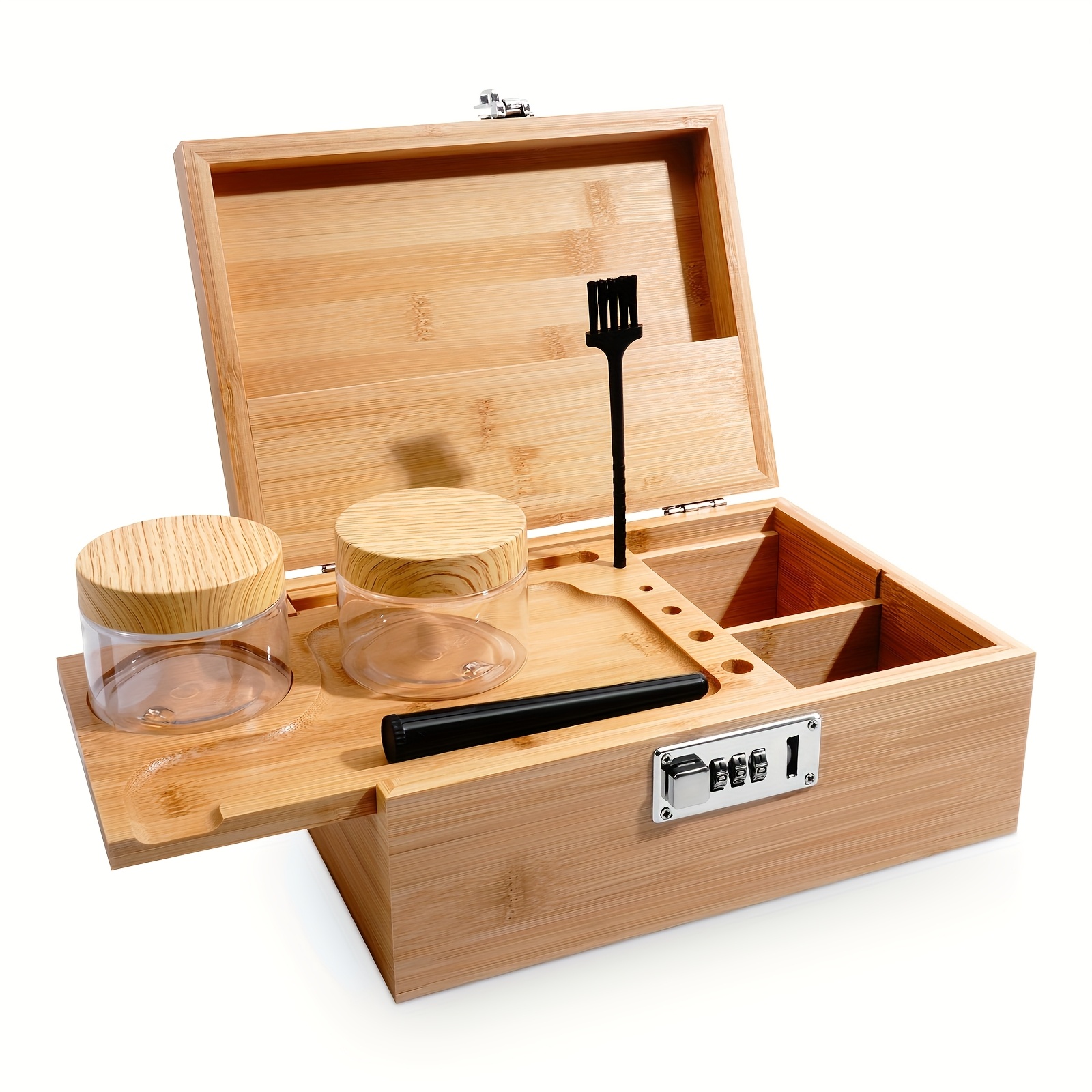 Image of Handmade, Retro Style Bamboo And Wood Rolling Storage Box With Lid - Perfect For Organizing Additions And Decorations, Storage Box For Home Organization