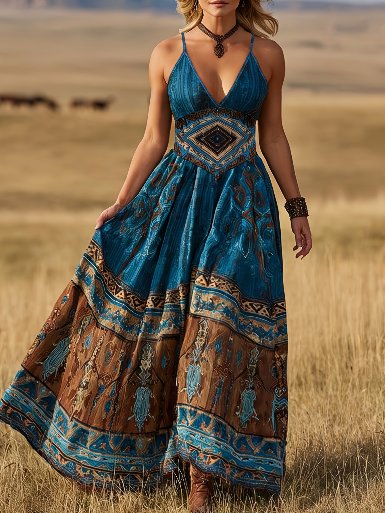 green emerald velvet dress Womens Sexy V-Neck Long Sleeve Flower Long Dress Vintage Western Country  Maxi Chiffon Dress Fall Casual Flowy Dress,Caramel,S at Amazon Women's  Clothing store main image 1